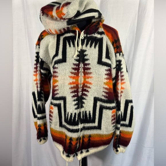 Unisex  Multicolor Aztec Ecuador Hooded zip Poncho Medium with Pockets Alpaca - Picture 1 of 8
